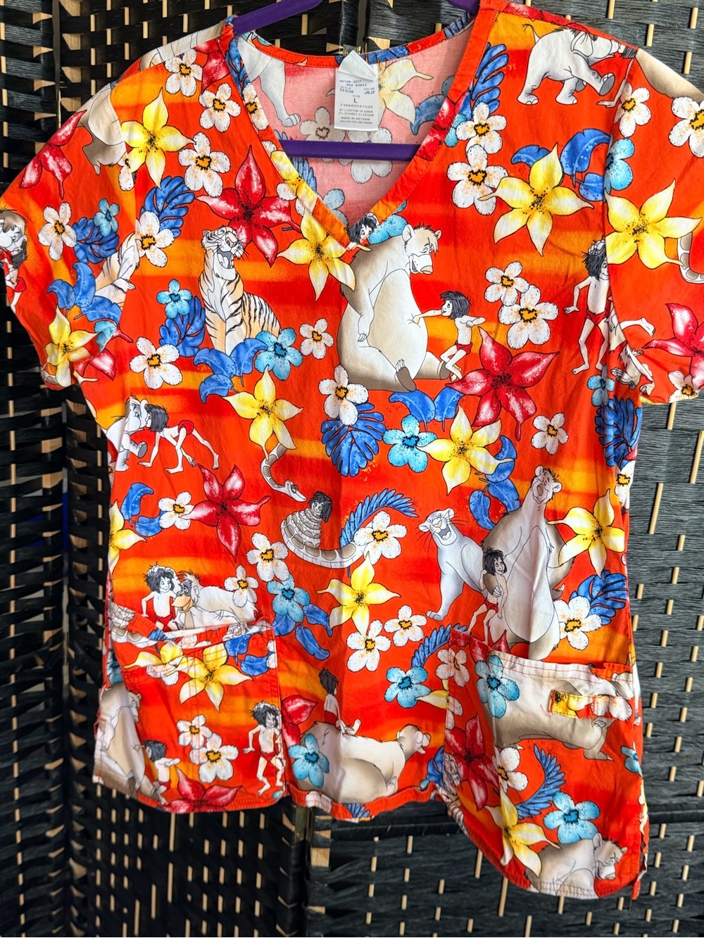 Disney Orange Floral & Jungle Character Short Sleeve Scrub Top - Picture 2 of 5